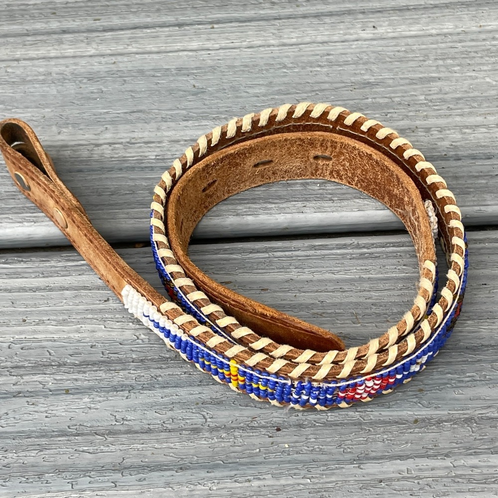 Vintage Beaded Leather Belt Size 28 Native American Western Cowboy  NO BUCKLE!‎